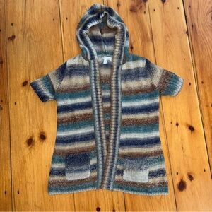 DressBarn Petite Medium Hooded Knit Cardigan Striped Open Front Aztec